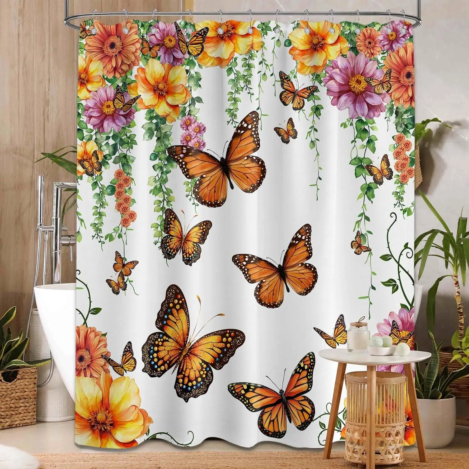 

Оранжевая цветочная занавеска для душа с бабочкой, монарх, бабочка, плющ, дикий цветок, занавески для душа для декора ванной комнаты, водонепроницаемая ткань