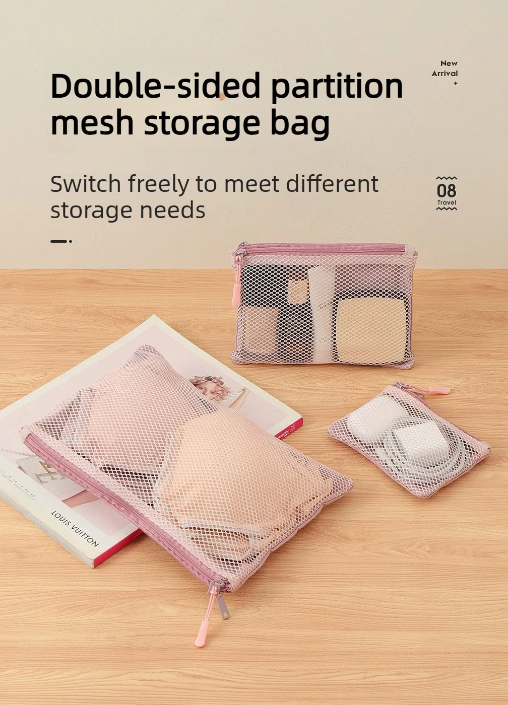 Mesh-Tech-Organizer-Tasche mit Doppelreißverschluss aus Polyester für Kabel, Ladegeräte, tragbare Reise-Make-up-Aufbewahrungstasche für den Heimgebrauch – Detail 1