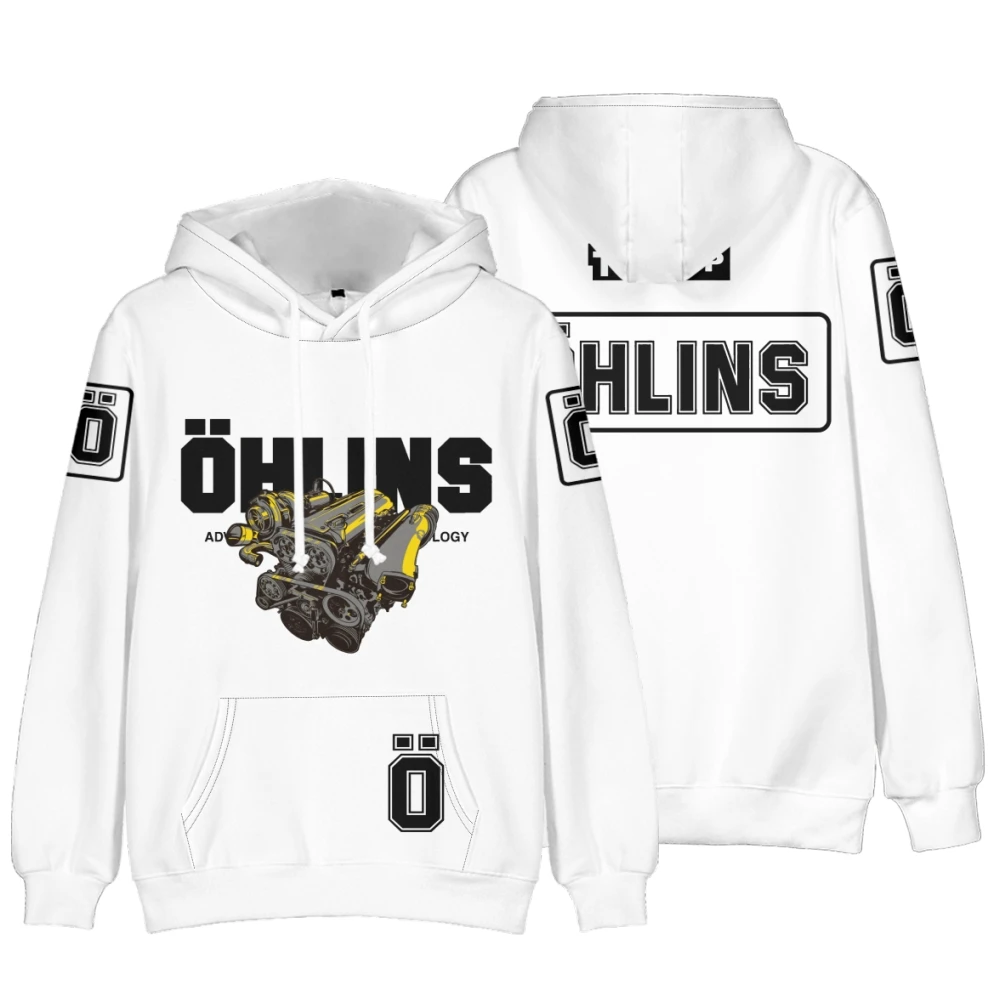 Leisure mechanical style OHLINS coil printed white hoodie hooded sweatshirt loose and comfortable outdoor trend