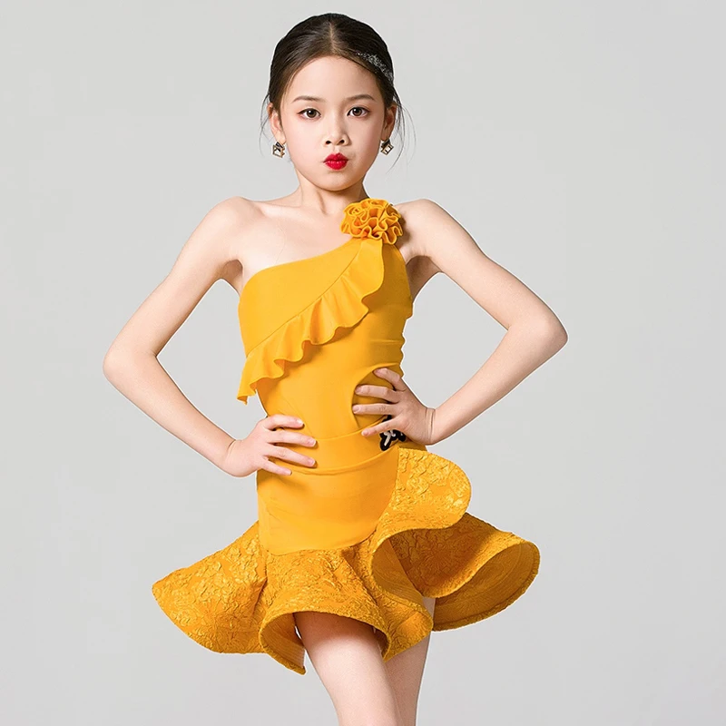 Summer Oblique Shoulder Latin Dance Dress Girls Latin Dance Clothing Kids Samba Chacha Costumes Stage Performance Wear XS7790