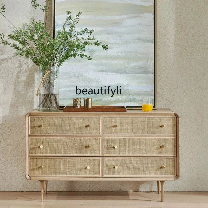 

Solid Wood Rattan Sideboard Cabinet Nordic Chest of Drawers Storage Cabinet Living Room Entrance Cabinet Tea