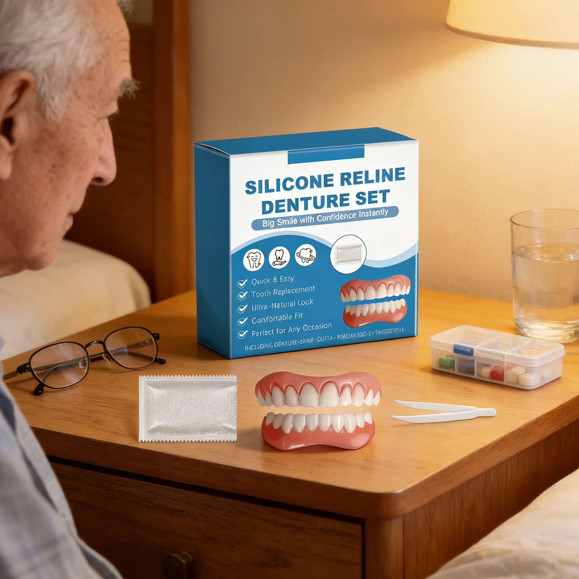 Silicone Reline Denture Set Upper Lower Comfortable Fit Temporary Orthodontic Teeth Brighten Oral Hygiene Care Simulation Braces