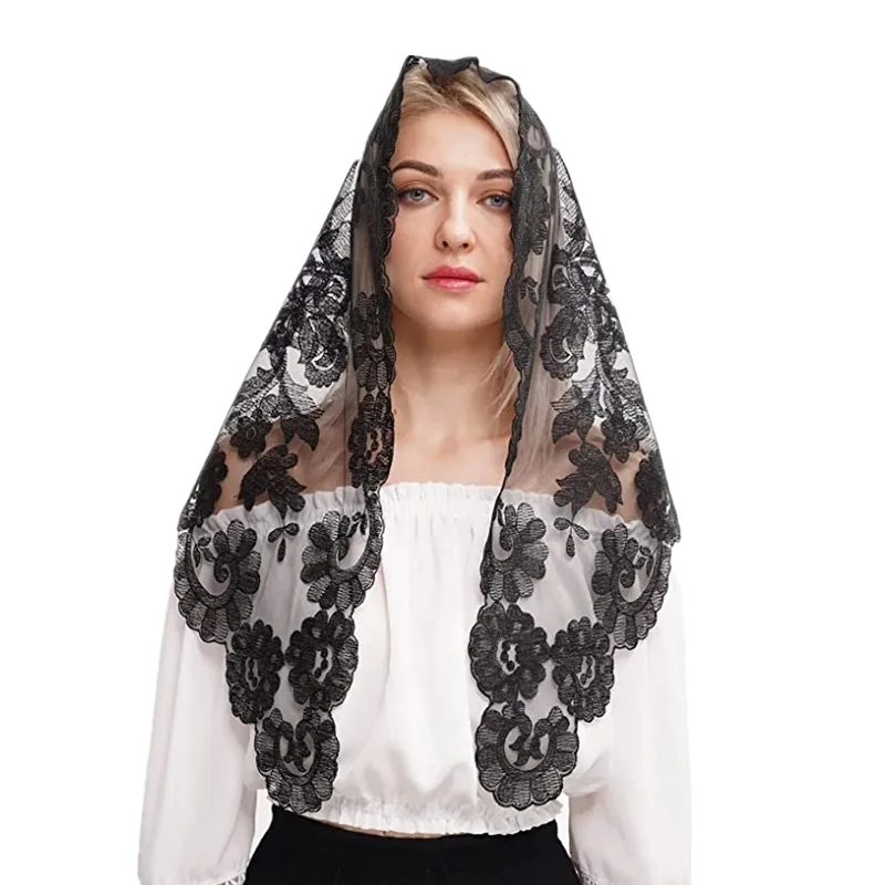 Velo de encaje bordado Triangular para mujer, cubierta de cabeza de muselina, Mantilla de encaje