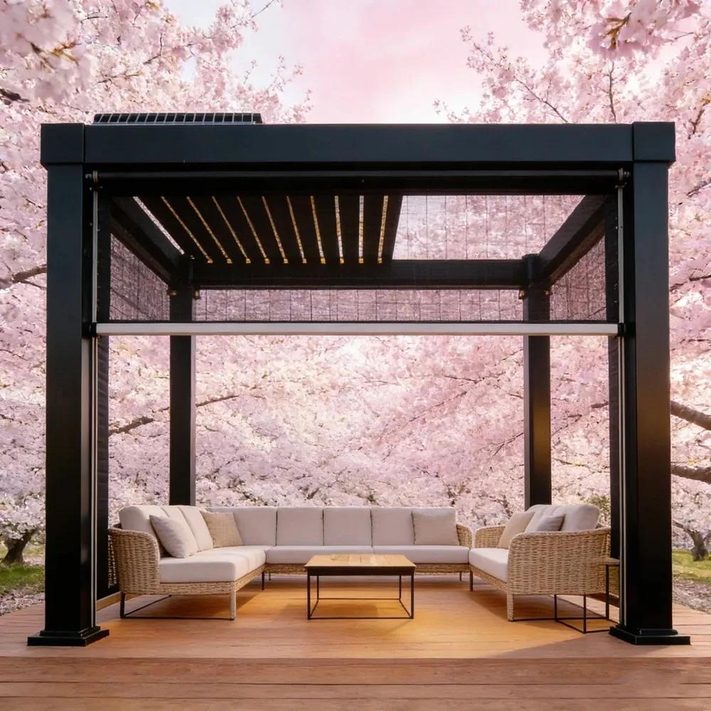 

Electric Bioclimatic Pergola Aluminum Outdoor Gazebo, All Weather Waterproof Garden Canopy with Louvered Roof, Shade Solutions