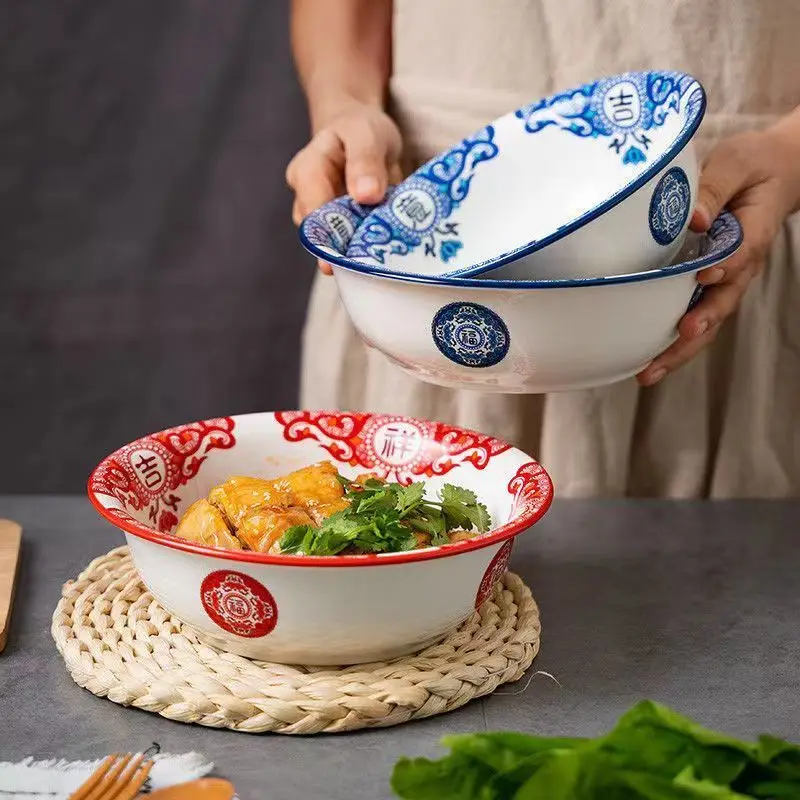 Jixiang Ruyi Thickened Enamel Bowl Soup Bowl Wash Basin Large Capacity Induction Hob Open Fire Universal Dinner Plates