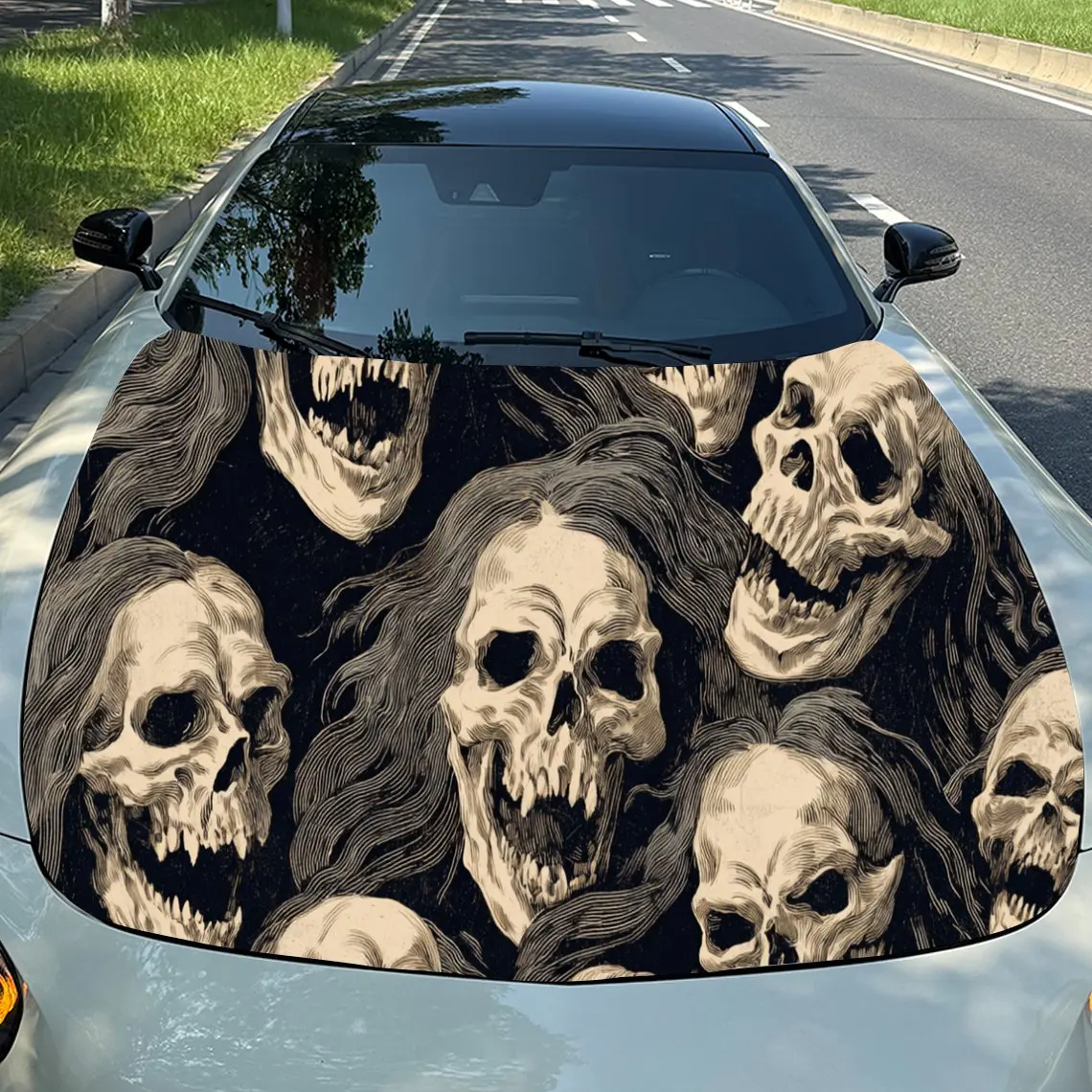 Eerie Skull Cluster Car Hood  Stickers - Self-Adhesive, Waterproof and Durable Vinyl Wrap, Decorate And Protect Your Car, Fit Fo