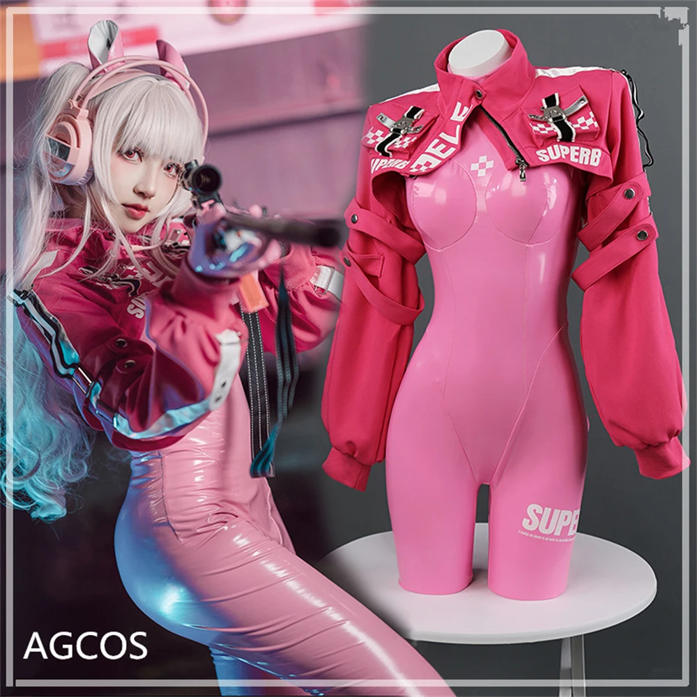 

AGCOS NIKKE：The Goddess of Victory Alice Cosplay Costume Woman Pink Jumpsuits Set PU Leather Clothes Sexy Cosplay