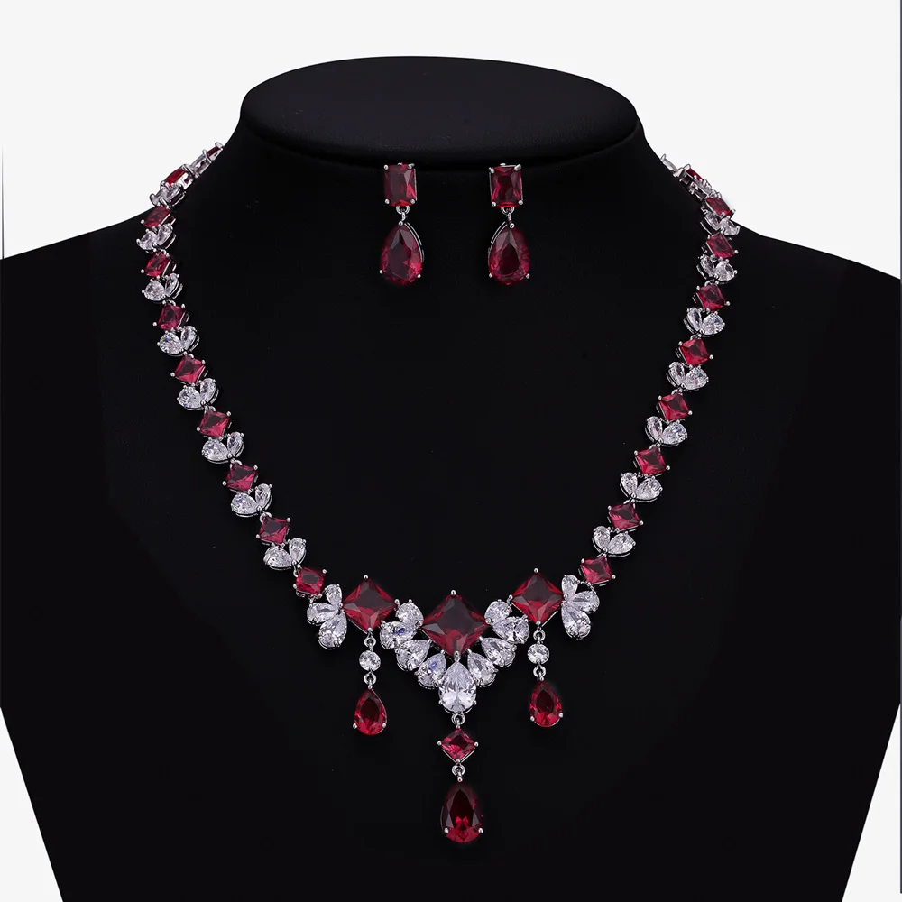 4 Colors Full 5A Cubic Zirconia Bridal Wedding Necklace Earring,Party Jewelry Sets for Women