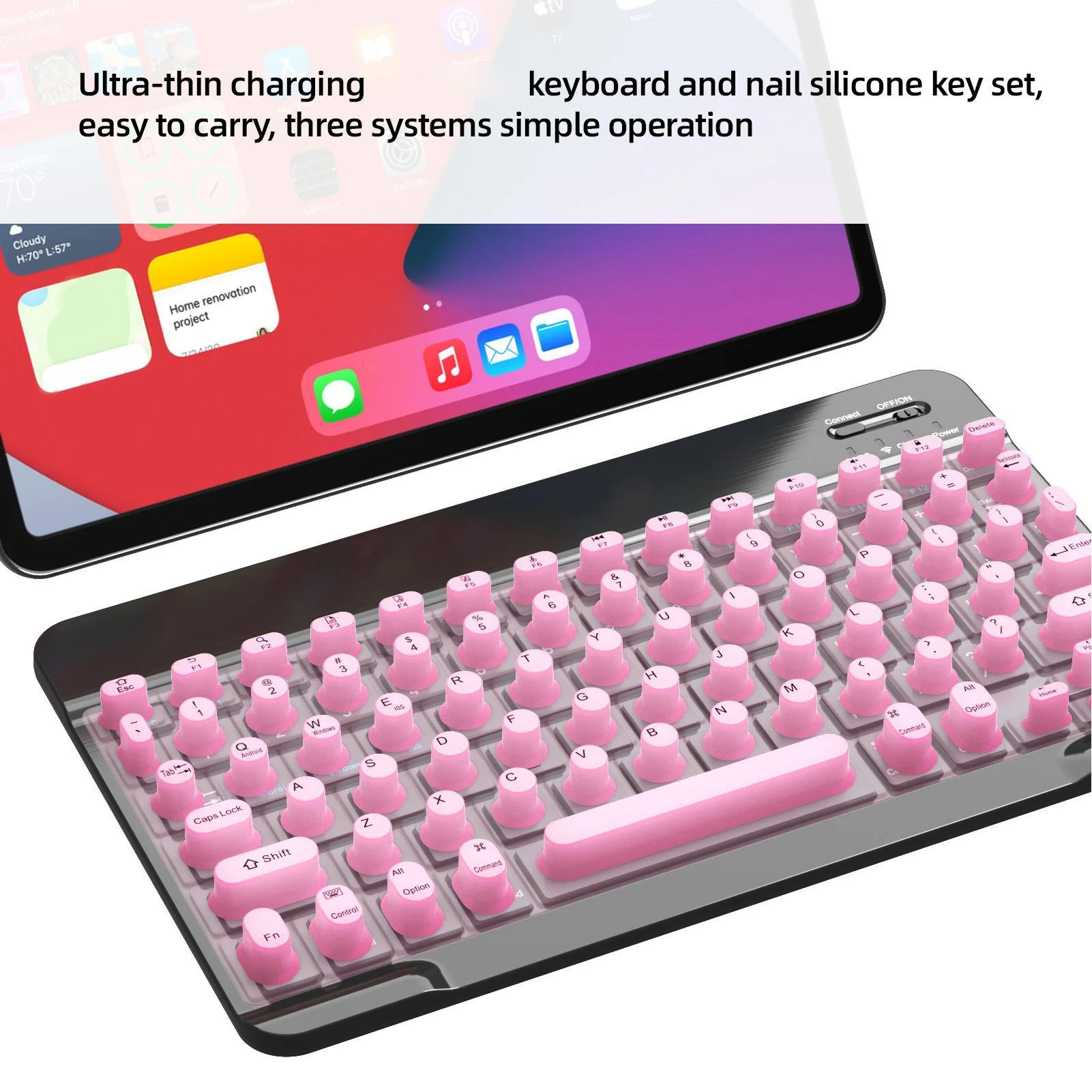 Rechargeable Keyboard Wireless Bluetooth Keyboard with Silicone Raised Protective Cover Slim Quiet Keyboard for Long Nail Women