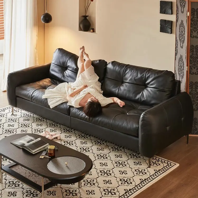Italian minimalist leather sofa straight row three people Brooklyn French retro style medieval cowhide sofa oil wax leather