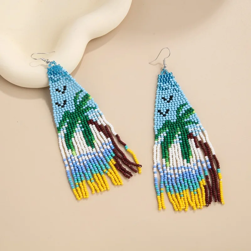 Beaded earrings Tassel Flamingo Coconut palm Bikini Originality Design Hand knitting Bohemia  Tide Simple Rice bead earrings