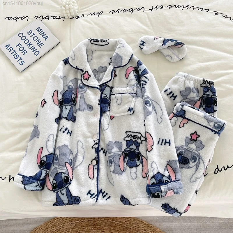 Disney Stitch Schattige Pluche Dikke Koraal Pluche Nachtkleding Voor Vrouwen Herfst Winter Nieuw Thuis Pjs Slaapset Vest Pijama Dame