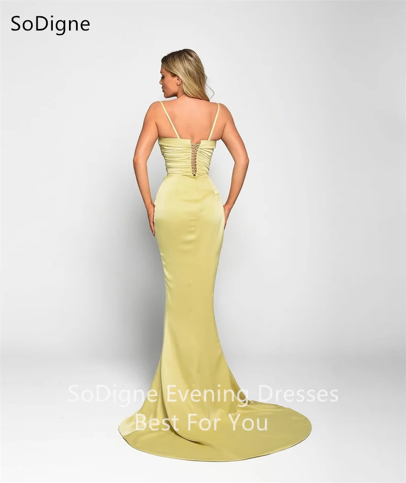SoDigne Green Strapless Mermaid Evening Dresses Pleat spaghetti strap Party Dress Side Slit Floor-Length Prom Gowns Customized