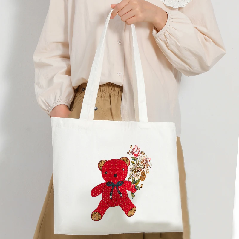 Aesthetic Vintage Bear Floral Canvas Tote Bag Sweet Teddy Flower Print Eco‑Friendly Reusable Ladies Casual Shopping Handbag