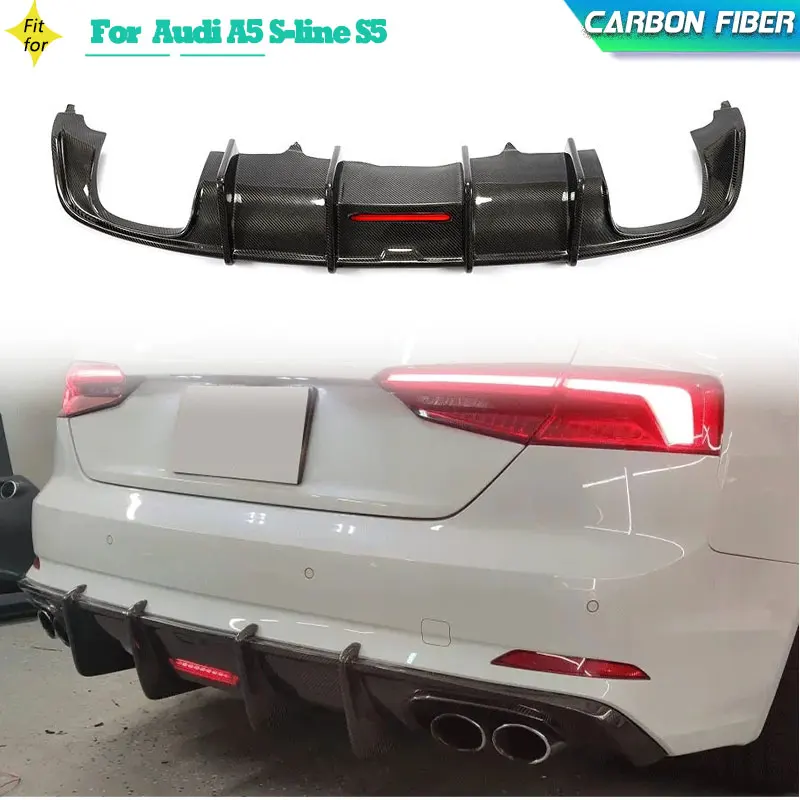 Carbon Fiber Car Rear Bumper Diffuser Lip Spoiler for Audi A5 S-line S5 2D 4D 2017-2019 Rear Diffuser With LED Light Body Kits