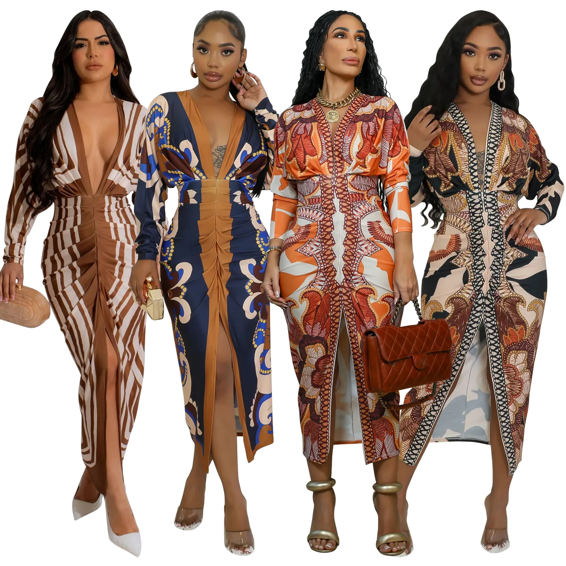 

New Arrived Spring Autumn Colourfull Print Sexy Dress Deep V-neck Long Sleeve Split High-waisted Casual Dress