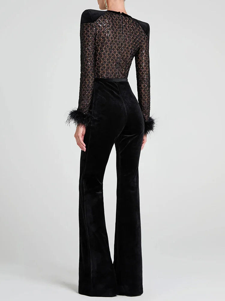 Long Sleeve Flare Pants Simple Jumpsuits, Women Autumn Hollow Out Fashion Playsuits, Sashes Patchwork Elegant Ladies Bodysuits