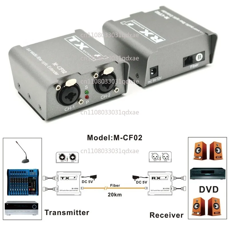 2 Way Audio Fiber Optical Transceiver Extender, 2CH Balanced Audio Over SC Fiber Cable Up to 20km