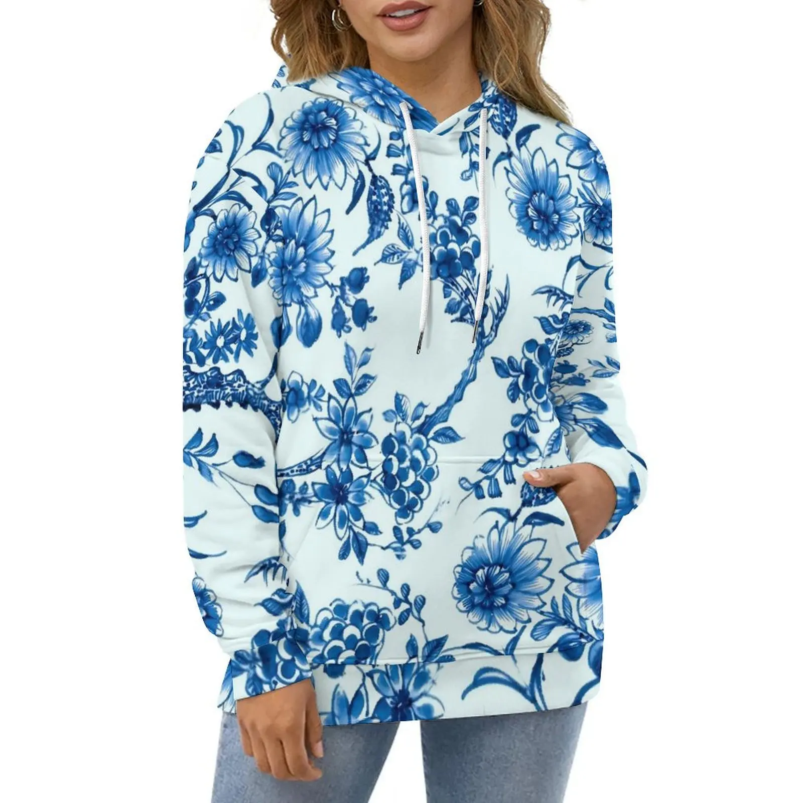 Retro Blue Flower Hoodies Willow Floral Print Street Style Casual Hoodie Long Sleeve Y2k Design Hooded Sweatshirts Birthday Gift