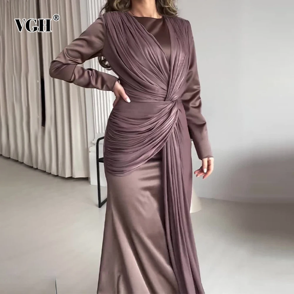

VGH Designer Solid Slimming Folds Evening Dresses For Women Round Neck Long Sleeve High Waist Temperament Dress Female Style New