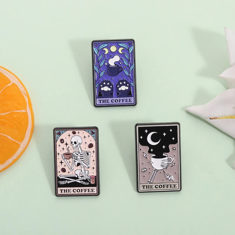 Tarot Cards Enamel Pins The Coffee with Skull Skeleton Han Cat Paw Moon Phases Brooch Lapel Badge Jewelry Gifts for Friends