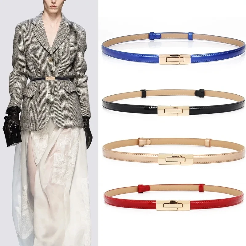 

Fashion Patent Leather Women Skinny Leather Belt Thin Cinch Waist with Alloy Buckle for Ladies Wedding Dress Decoration