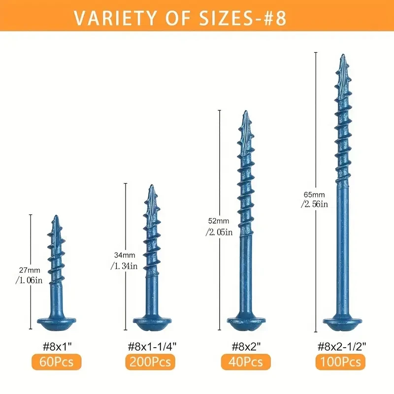 400-piece pocket hole Screw set with drill - 4 sizes #8, coarse threaded wood screws for treated wood, blue rust resistant coati