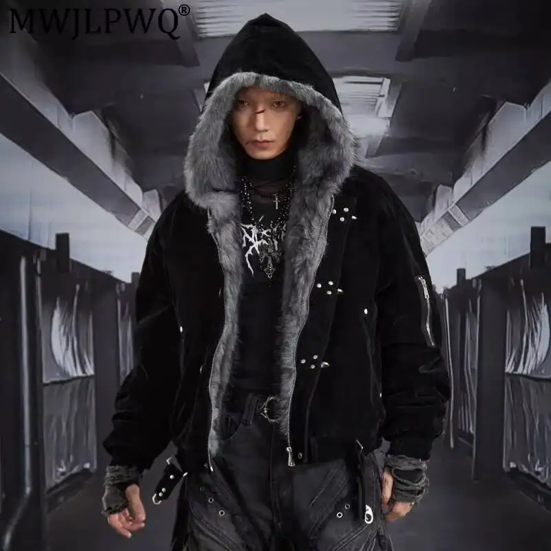 MWJLPWQ Fashionable Flocked Buckle Hooded Cotton Coats For Men Women High Street Fur Collar Casual Men's Tops 2026 Winter 12853