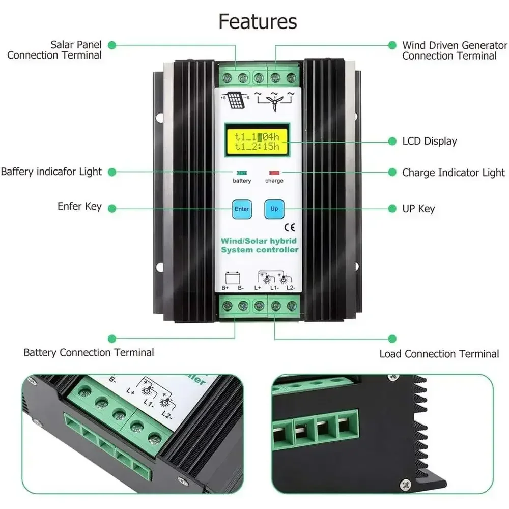 1000W 12V/24V Wind-Solar Hybrid Charge Controller, 600W Wind & 400W Solar PWM Charging, Digital LCD Display