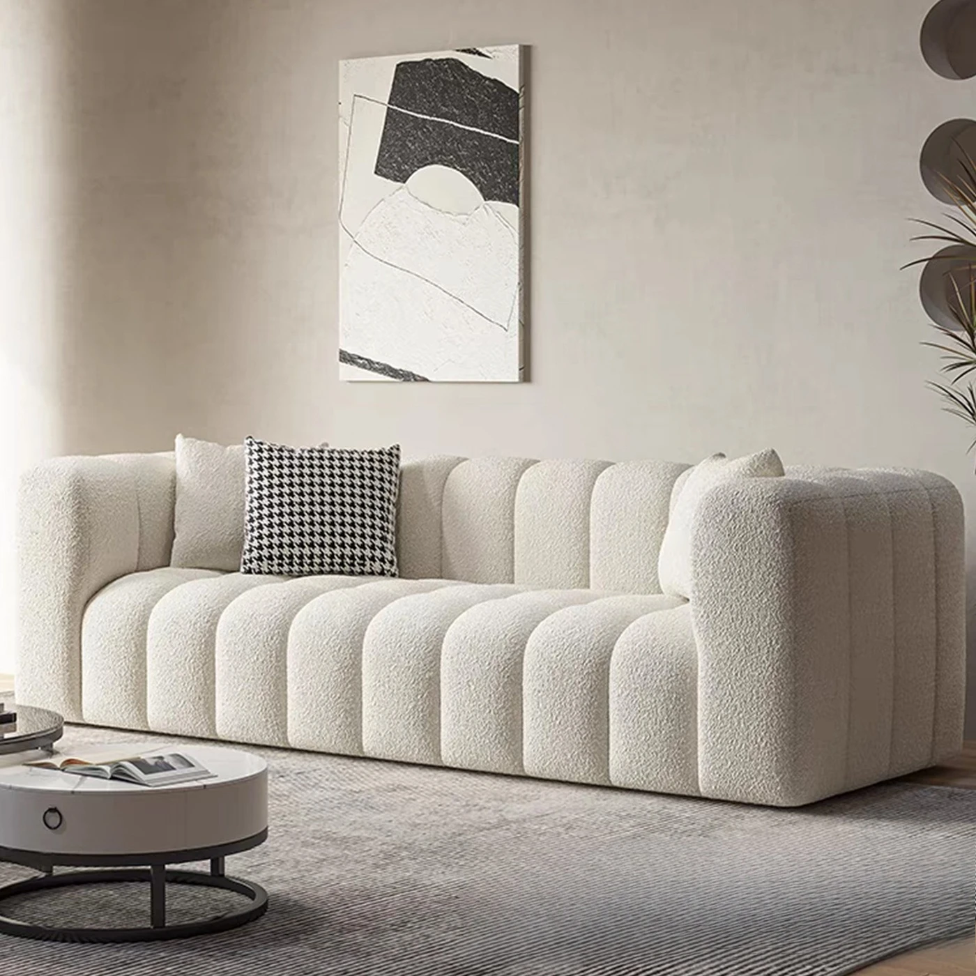 Cream style double fabric sofa small apartment light luxury lambswool living room simple and casual inline sofa