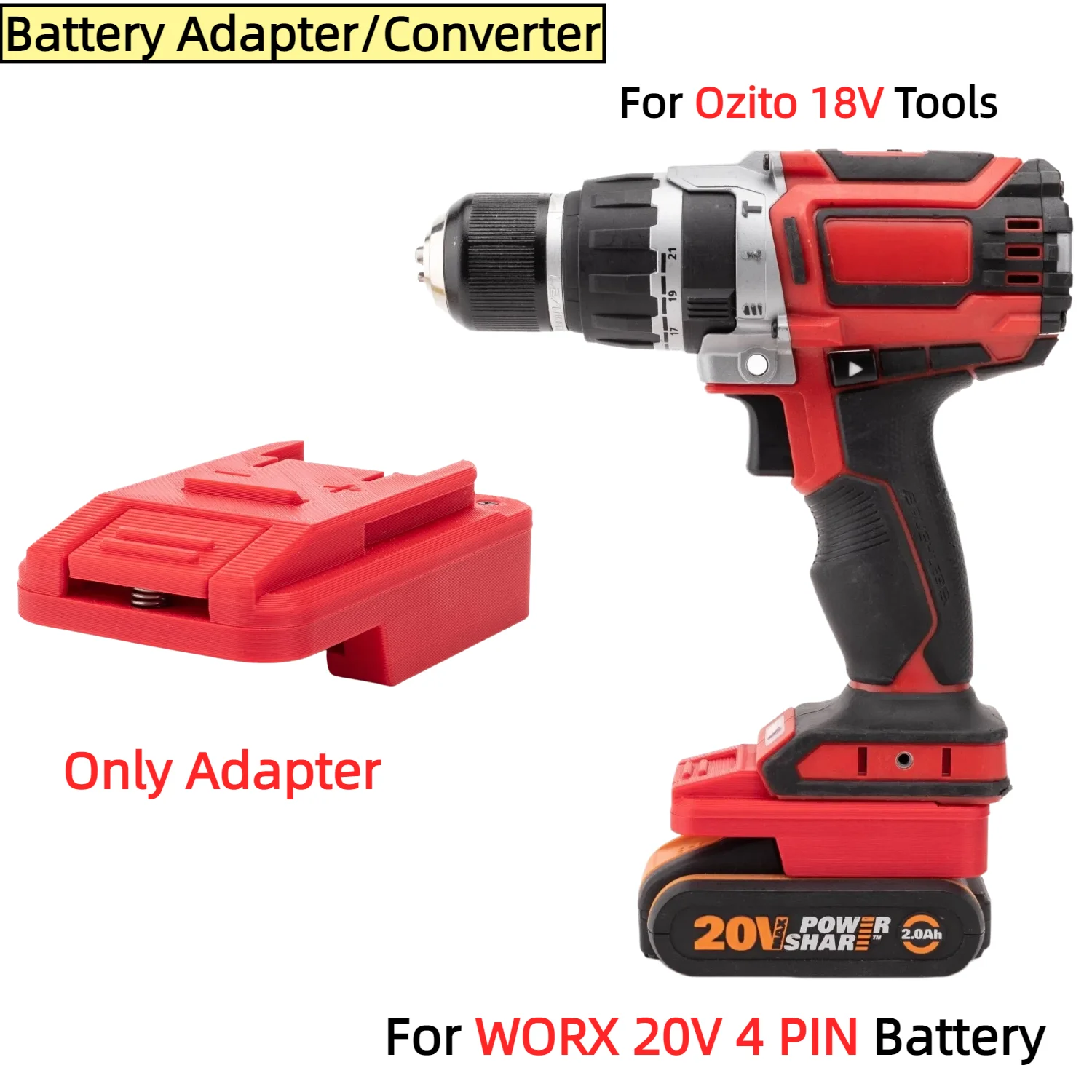 

Battery Adapter/Converter for WORX 20V 4 PIN Li-ion Battery TO Ozito 18V Cordless Power Tools Accessory(Only Adapter)