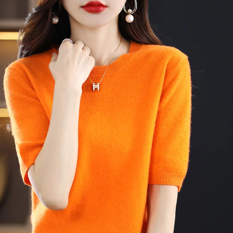100% pure wool T-shirt spring and summer new women's O-neck pullover short sleeve loose five-sleeve sweater high-end top