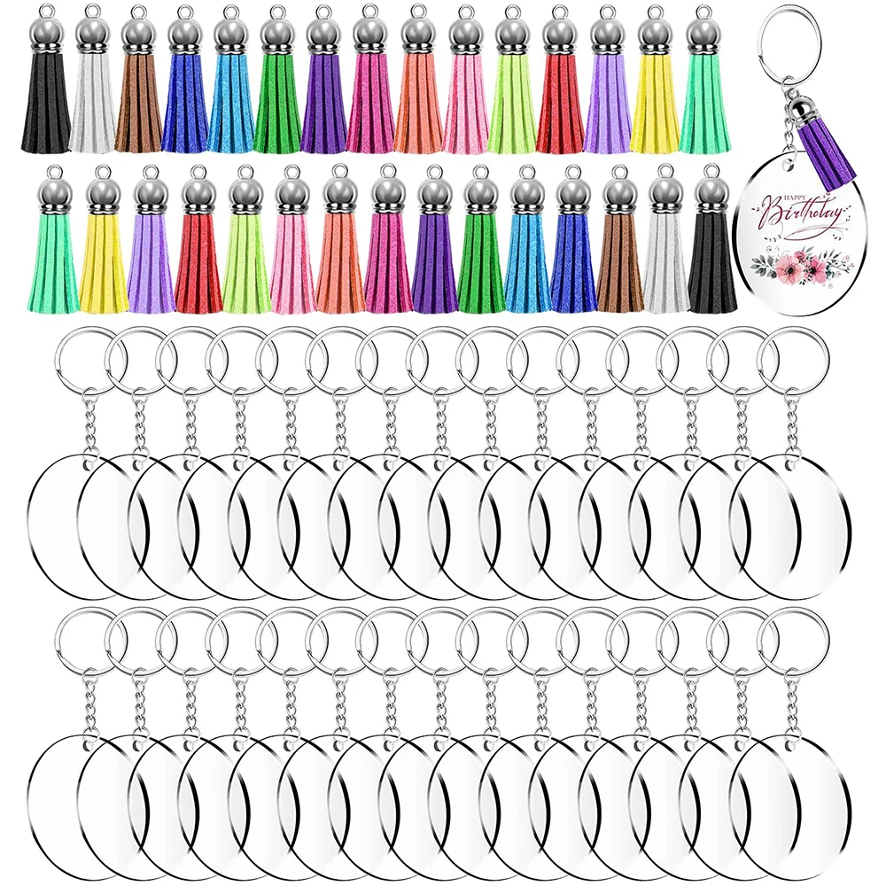 

D&D 120Pcs/set Acrylic Keychain Blanks and Silver Tassel Pendant Keyring for DIY Keychain Projects and Crafts