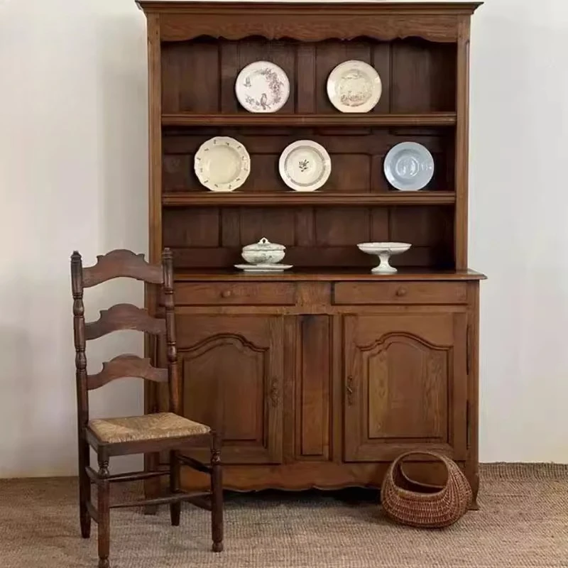 

French retro solid wood dining side cabinet medieval old villa living room against the wall Folk storage cabinet