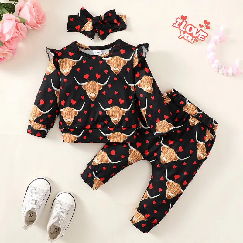 Newborn Baby Girl Pant Sets Autumn Clothes Heart Long Flying Sleeves Tops and Pants Bow Headband Baby Items Clothing