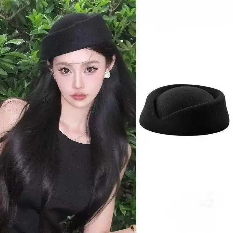 Beret Hat Caps Airline Stewardess Flight Attendant Vintage Hat Black Flat Top Hat Hair Clip Hair Accessories