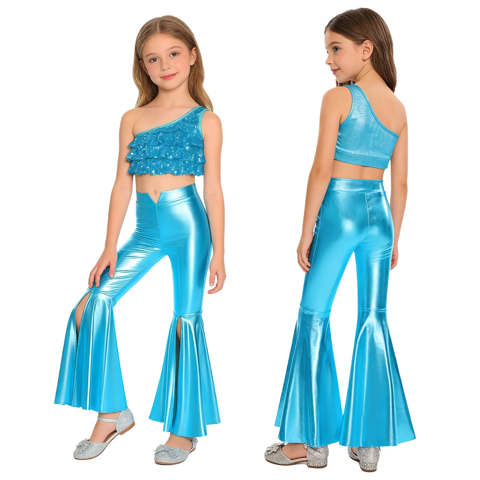 

Kids Girls 70s Disco Jazz Dance Outfits Sleeveless Sequin Ruffles Crop Top with Metallic Bell-Bottom Pants for Stage Performance