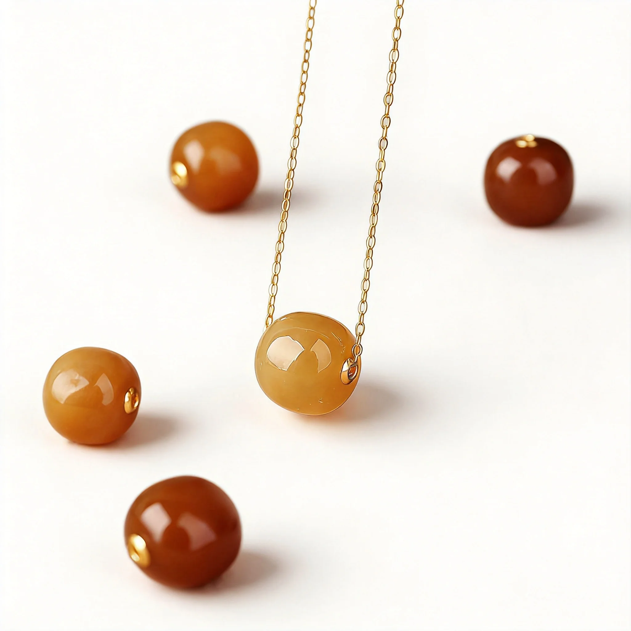 Chinese Style Lucky Natural Hetian Jade Sugar Bead Pendant 18k Gold Plated Clavicle Chain Necklace Unisex Blessing Good Luck Gif