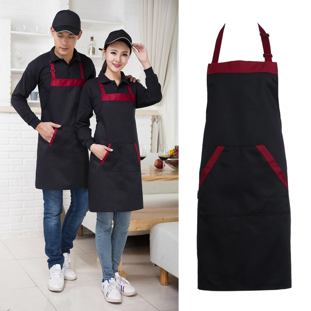 Halter Kitchen Apron with Tow Pockets Unisex Classic Design Apron Adjustable Bib Soft Polyester Waterproof Restaurant Uniform