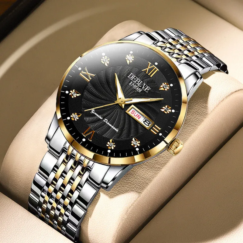 

Мужские деловые часы для отдыха с металлическим ремешком, календарем, подсветкой и кварцевым механизмом