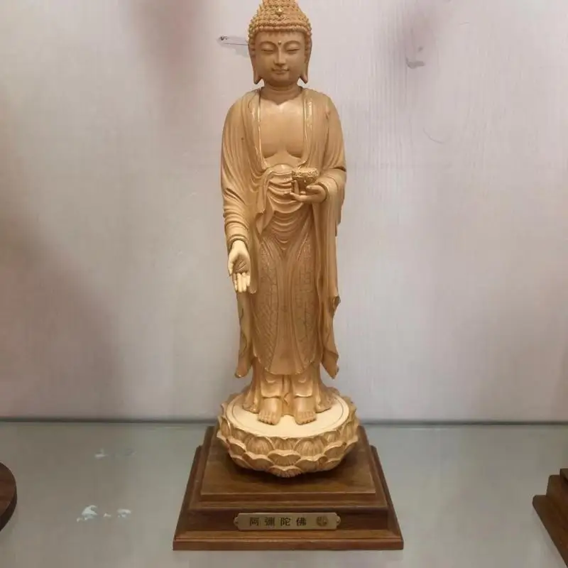 Taiwan Cypress Wood Carved Buddha Statue, Amitabha Gautama Buddha Figurine with Base, Home Temple Decor Ornament