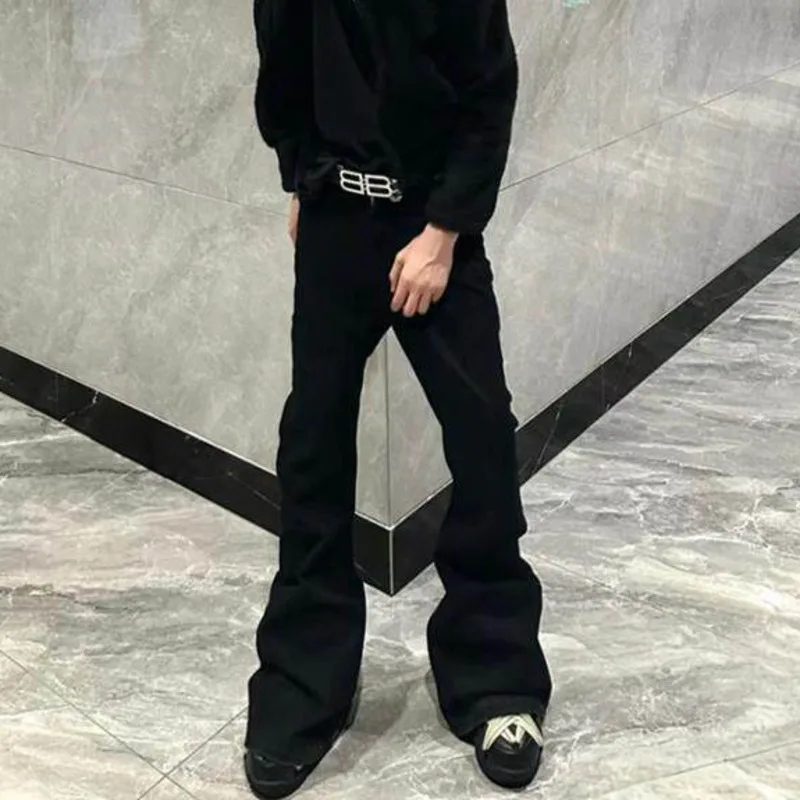HKSH Spring Autumn New Men Tide Dark RO Elastic Ribbon Flared Hem Jeans Women Trend Denim Pants Streetwear Chic Ins Vibe HK25594
