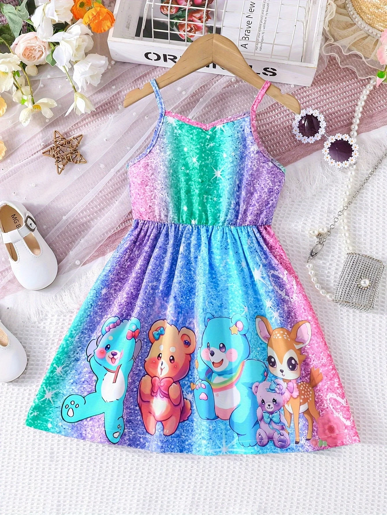 Cute Bears 3D Print Girl\'s Slip Dress, Colorful Cute A-line Cami Dresses For Holiday Summer Outdoor