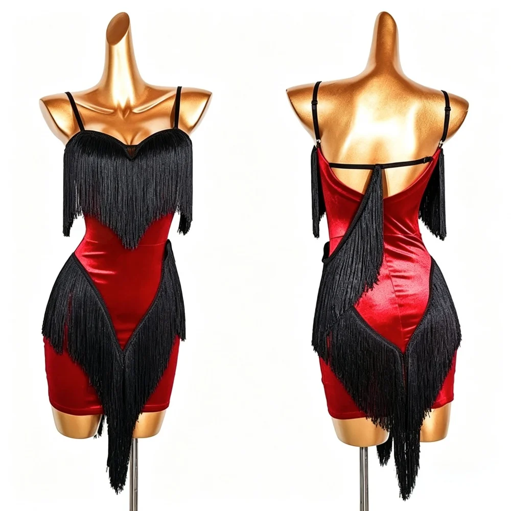 Adult Women Spaghetti Strap Red Velvet Fringe Latin Dance Costume Salsa Tango Cha Cha Competition Performance Mini Dress