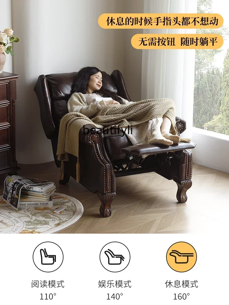 Hot sales  American Style Genuine Leather Single Sofa Functional Chair Top Layer Cowhide Vintage Living Room Leisure Recliner Ti