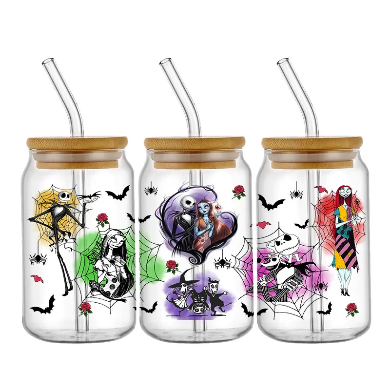 Adesivos de transferência de copo uv dtf para vidro, jack e sally esfregar em transferências decalque para copos de vidro de 16oz móveis artesanato em madeira