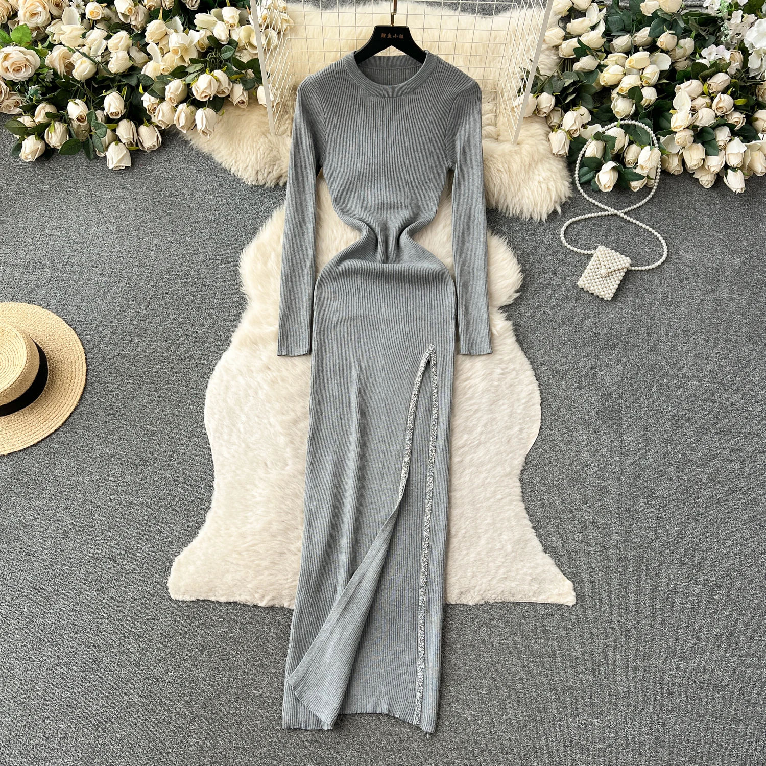 Women Chic Elegant Solid O Neck Long Sleeve Bodycon Split Dress Sexy Fashion Knit Elastic Slim Hip Wrap Sweater Dress