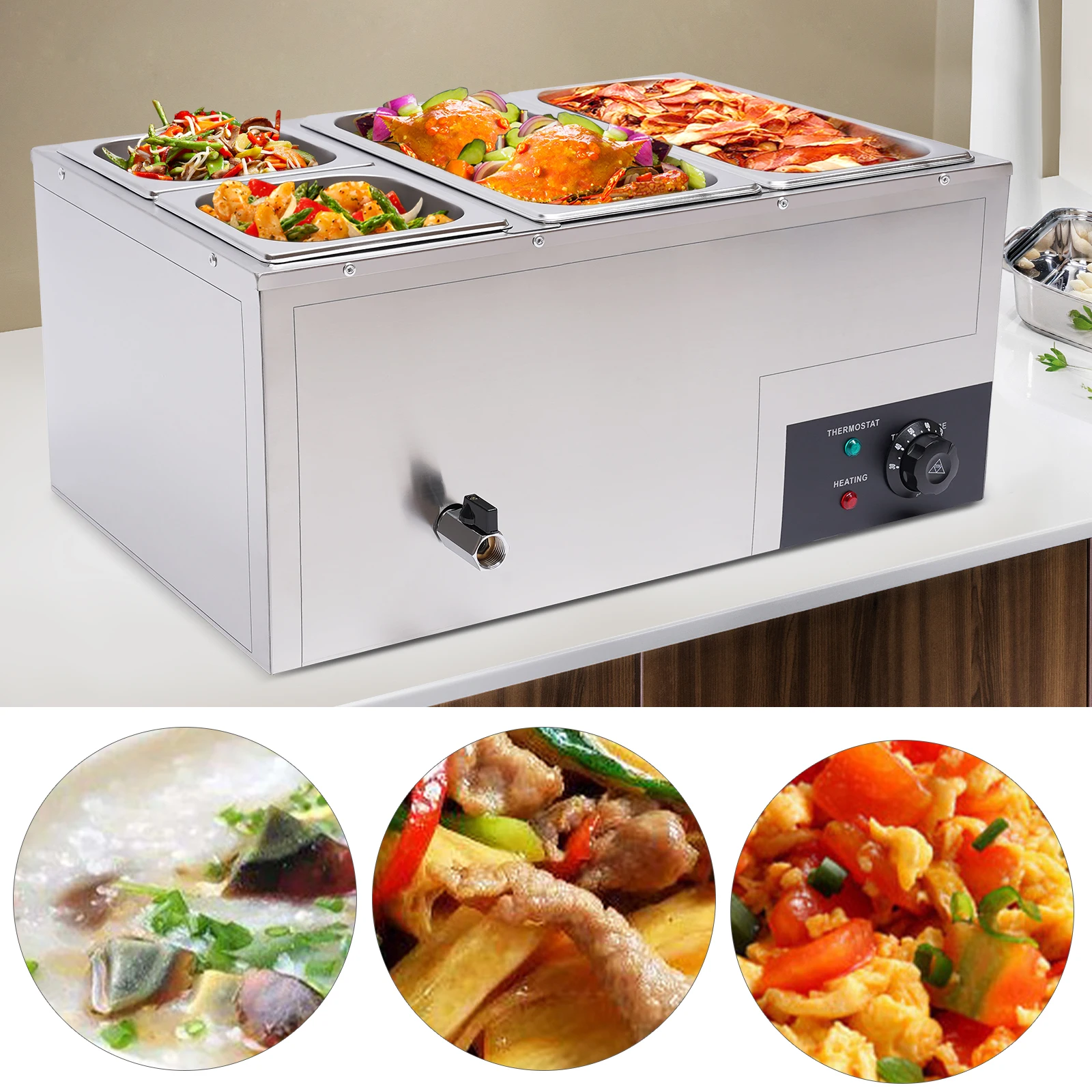 Commercial Chafing Buffet Stainless Steel Food Warmer 4-pan Stainless Steel Steam Table with Temperature Control