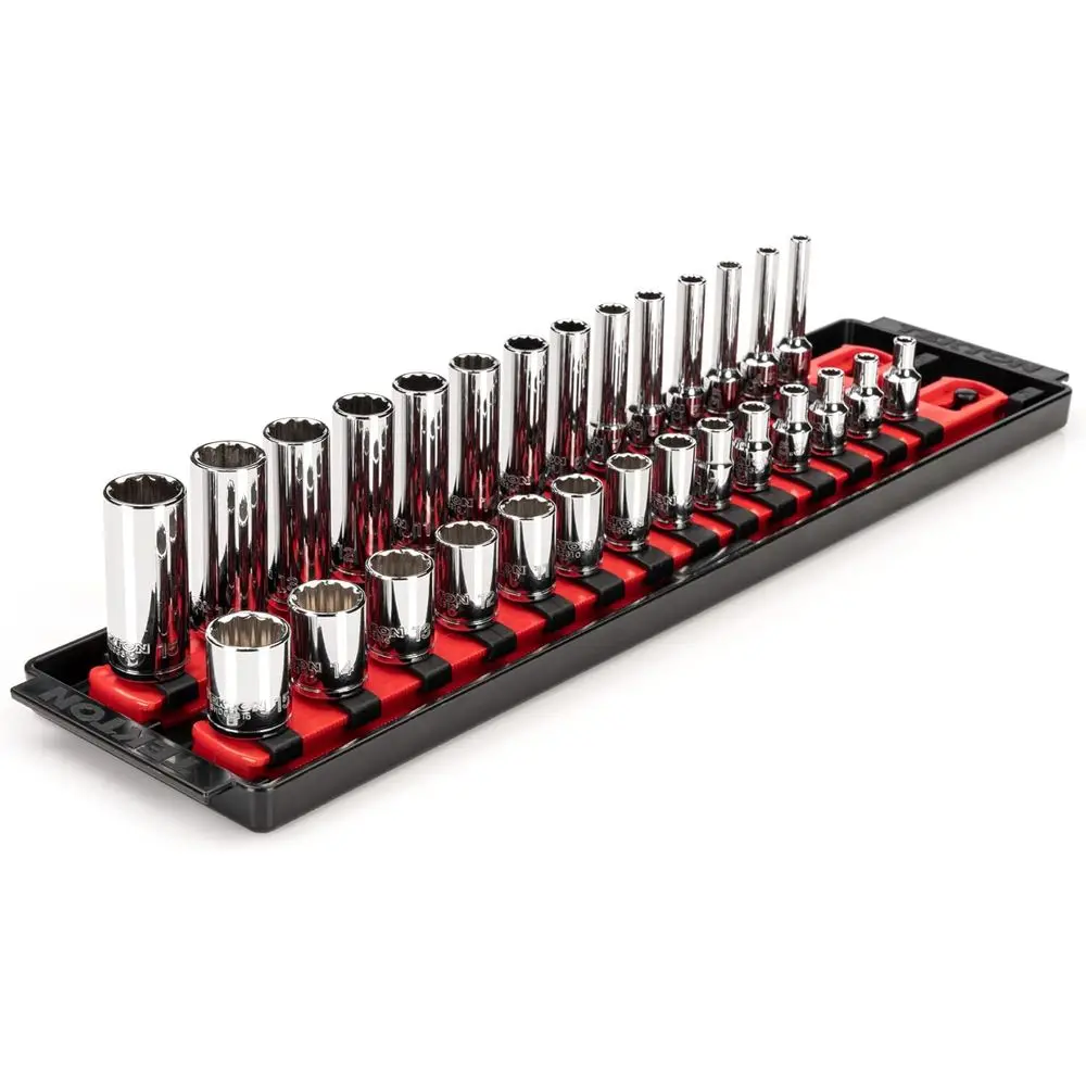 

1/4 Drive 12-Point Socket Set, 28-Piece with Rails and Tray (4-15mm)