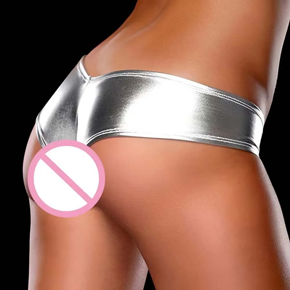 Women Bikini Briefs Sexy Lingerie Erotic Panties Patent Leather Latex Underwear Panties Low Waist Sexy Thongs Mini T-back view 4